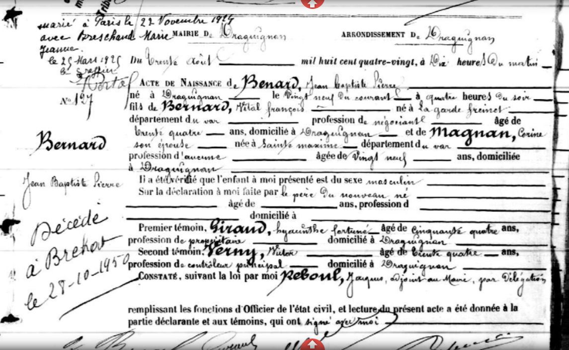Certificato di nascita di Pierre Bernard-Magnan, (Draguignan, 30 Augusto 1880 - 28 Ottobre 1950) - pittore francese